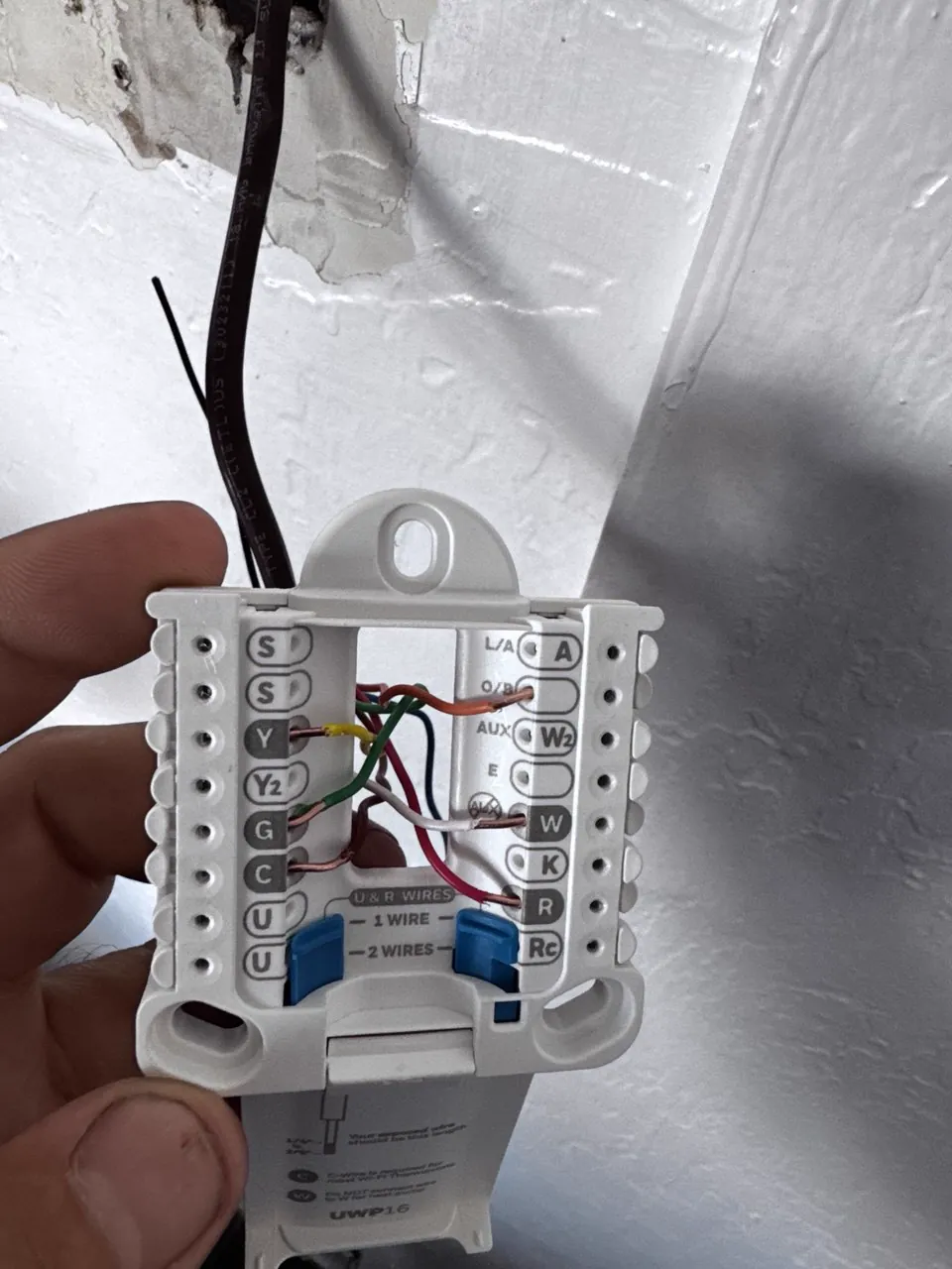 Thermostat base with its control wires during an install