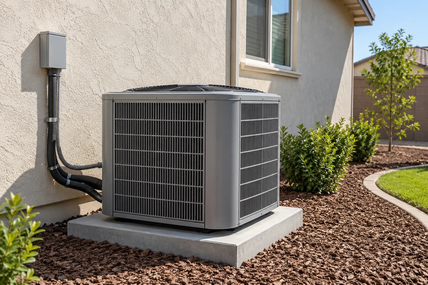 An old rusted AC condenser and its new replacement in the same spot