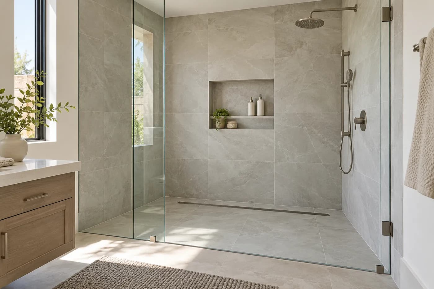A new walk-in shower with large-format tile