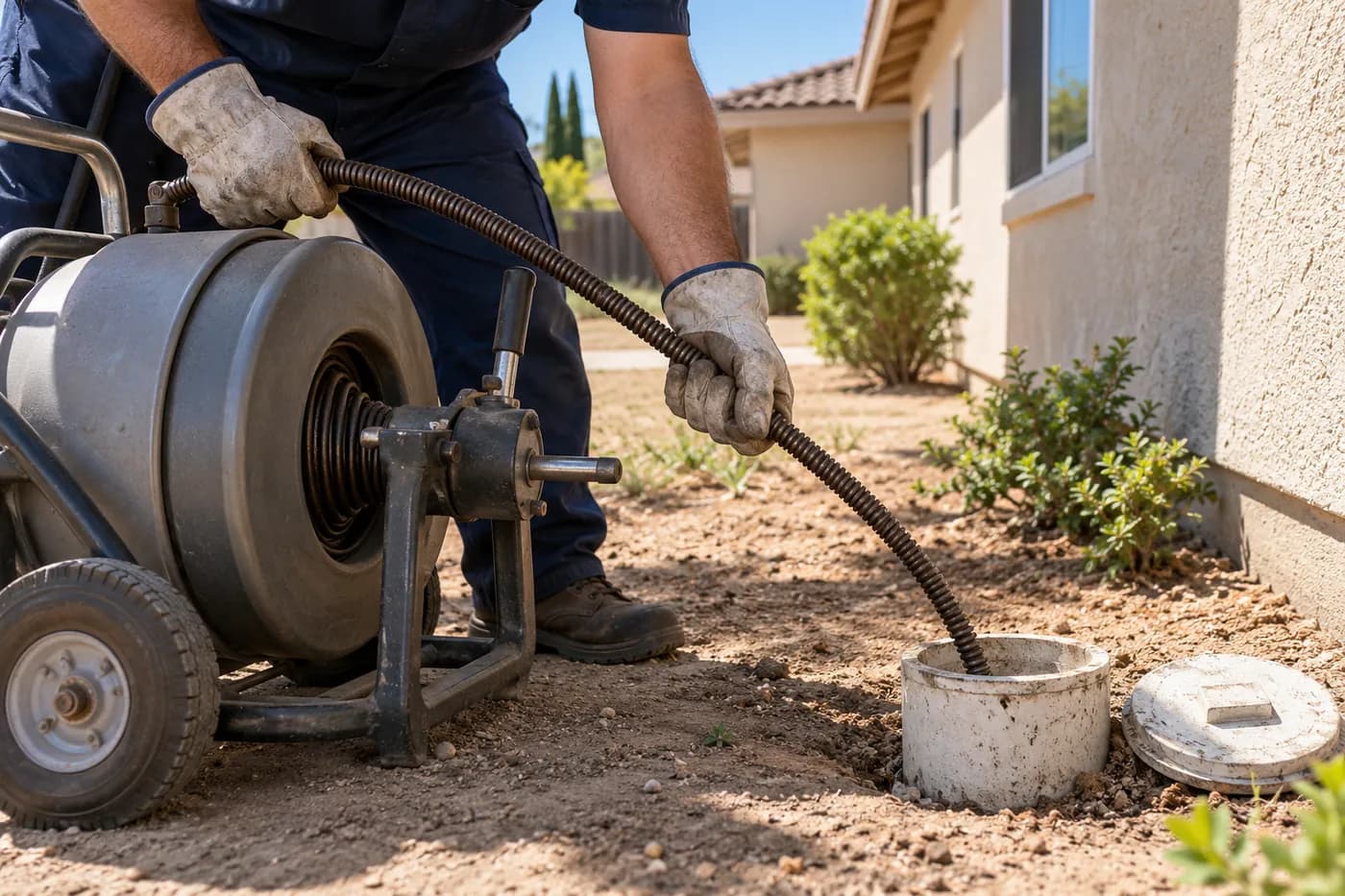 A drain cable machine at an outdoor cleanout