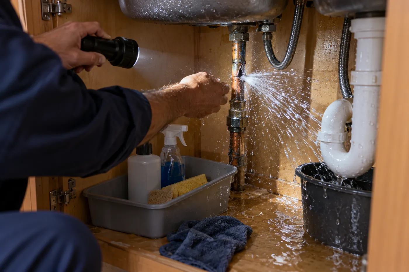Water spraying from a burst pipe under a sink
