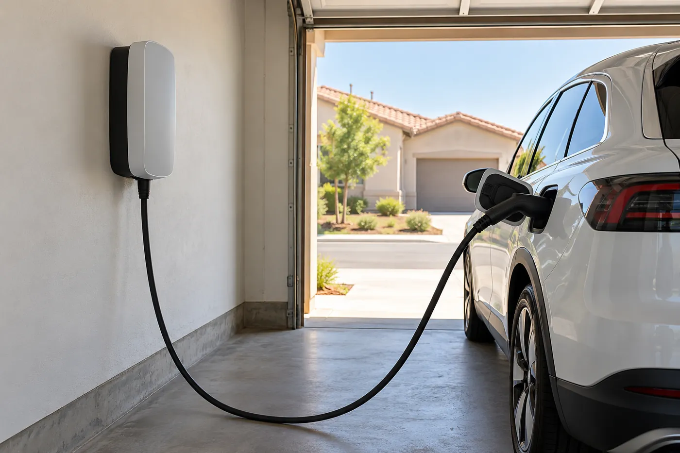 A wall-mounted EV charger in a garage with a car plugged in