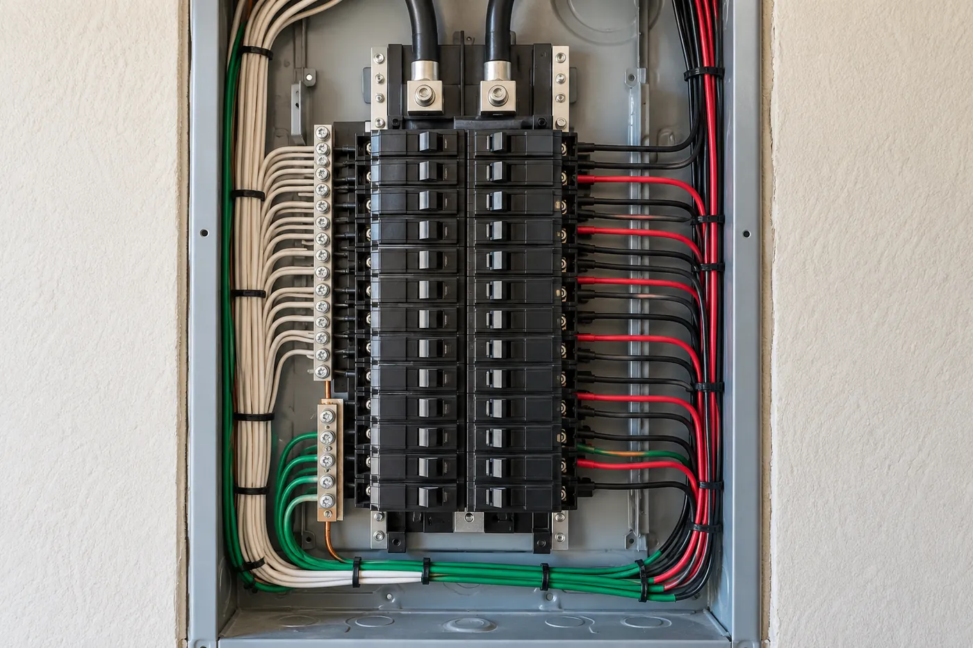 The inside of a new breaker panel with neatly routed wires
