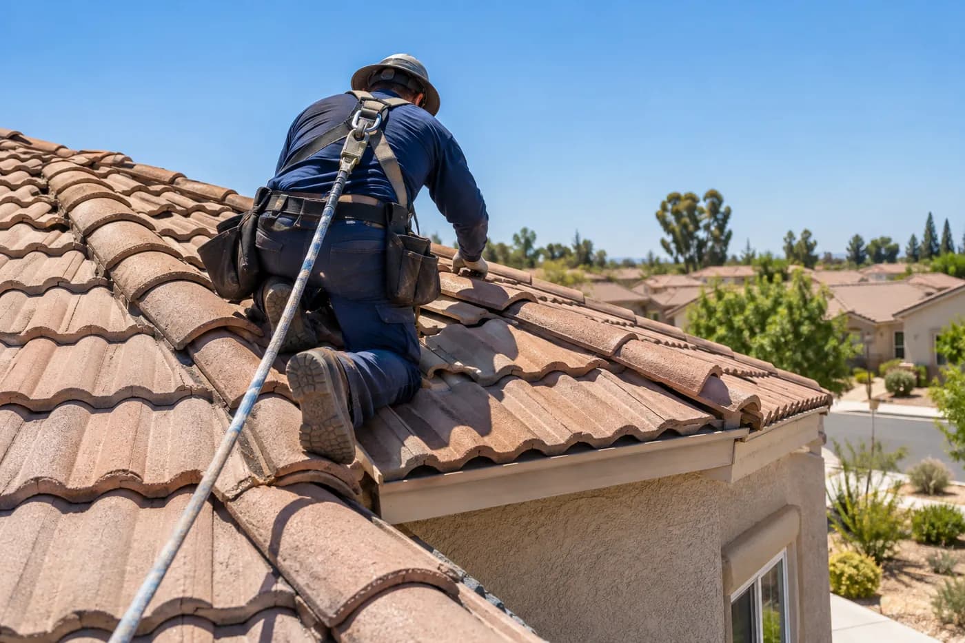 A roofer working on a concrete tile roof
