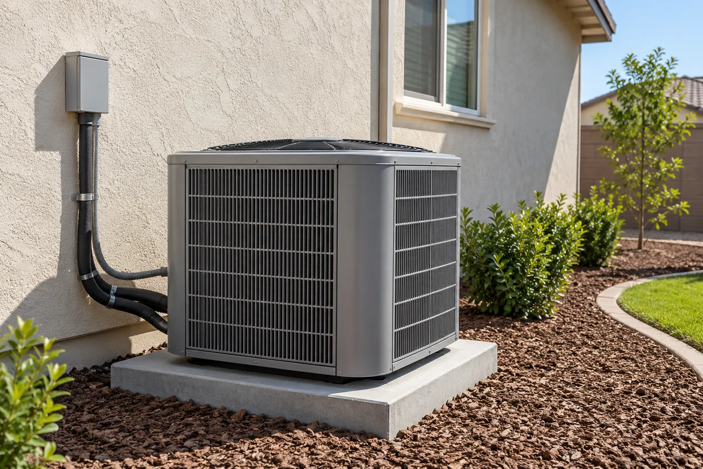 After: An old rusted AC condenser and its new replacement in the same spot