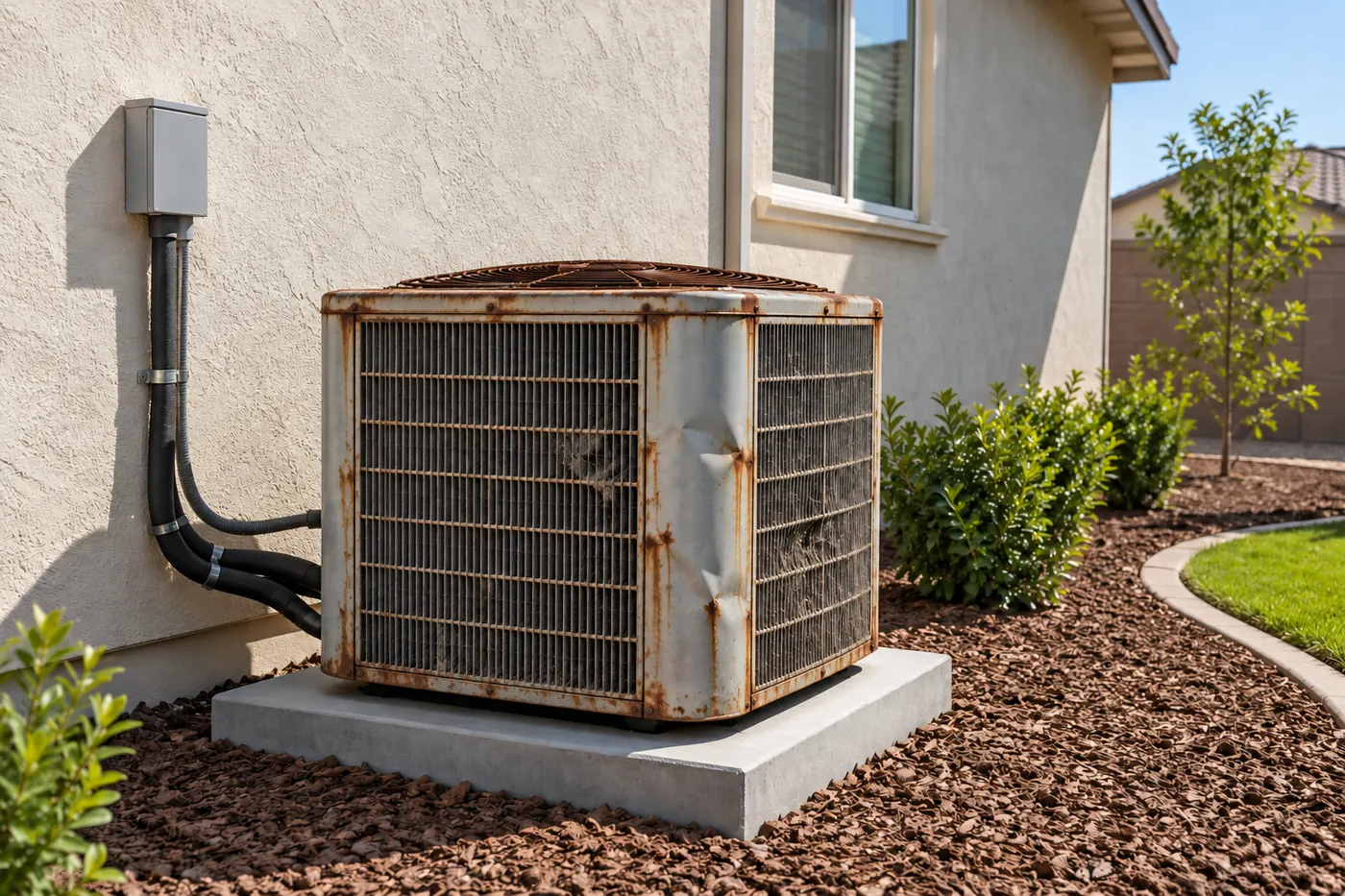 Before: An old rusted AC condenser and its new replacement in the same spot