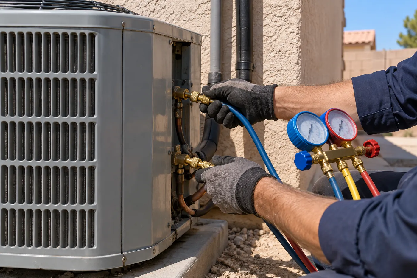 A technician's hands connecting a gauge manifold to an outdoor AC condenser
