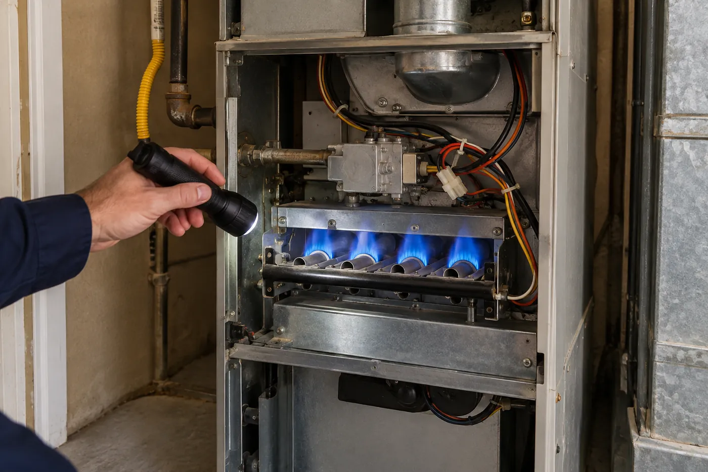A technician inspecting the burners of a gas furnace
