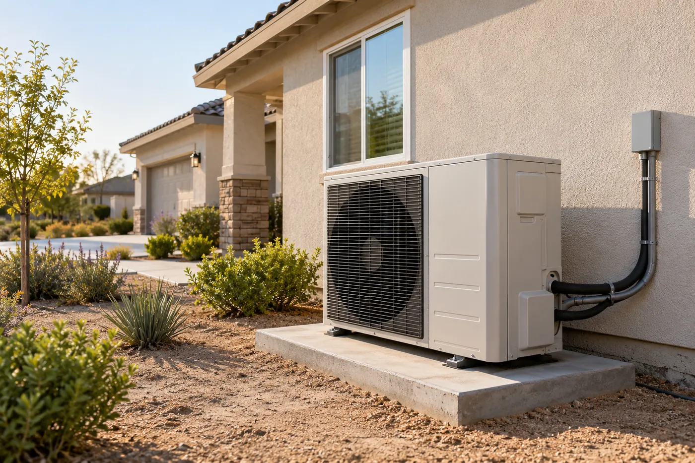 A heat pump outdoor unit beside a stucco home