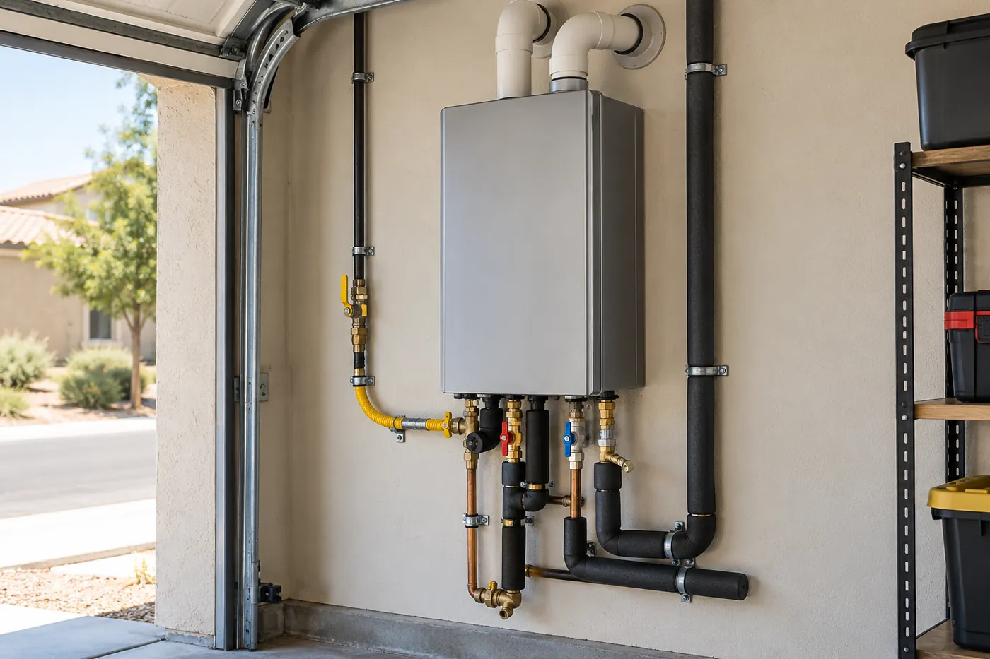 A tankless water heater on a garage wall
